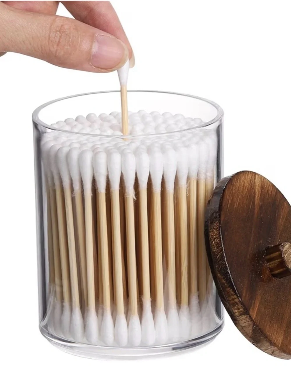 Set of 3 Tbestmax Clear Bathroom Canisters / Q-Tip Holders with Dark Wood Lids